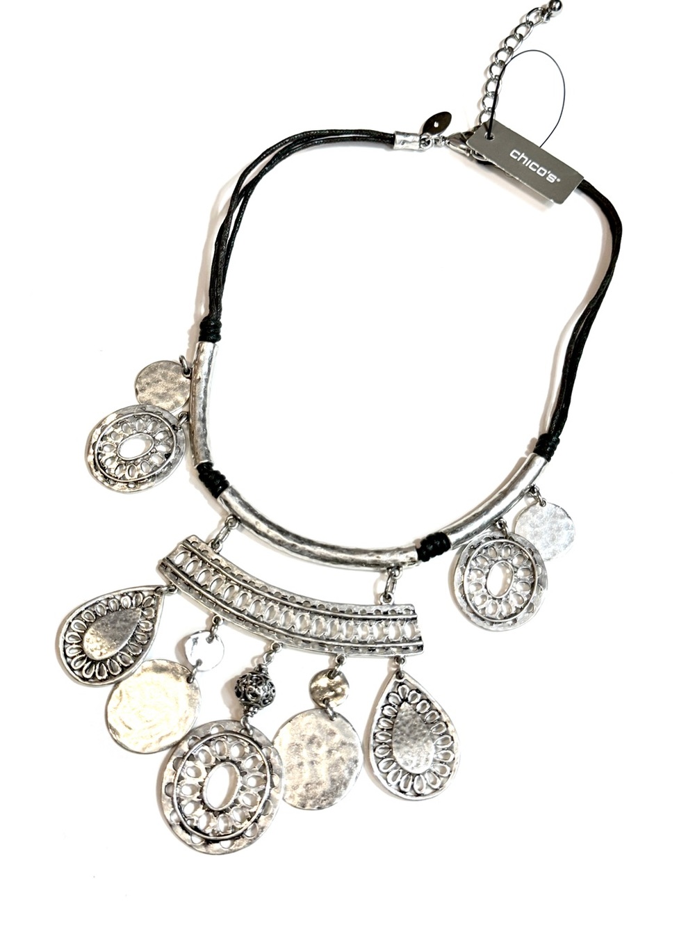 CHICO’S Silver & Black Corded Coin Charm Statement Bib Necklace | NWT